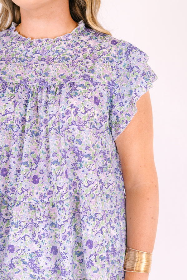 Chic soul plus size clothing, purple floral print high neck baby doll top with ruffle cap sleeves