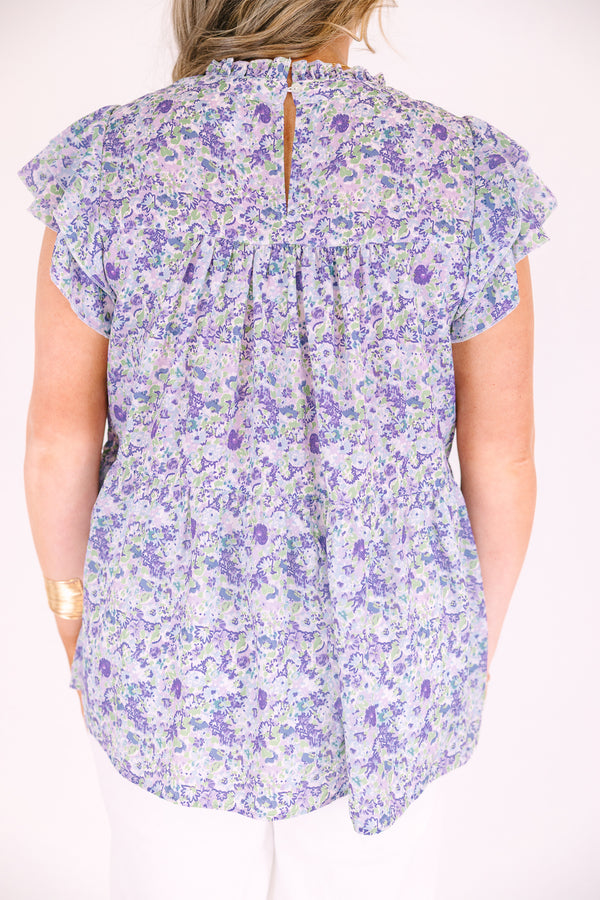 Chic soul plus size clothing, purple floral print high neck baby doll top with ruffle cap sleeves