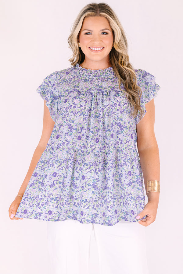 Chic soul plus size clothing, purple floral print high neck baby doll top with ruffle cap sleeves