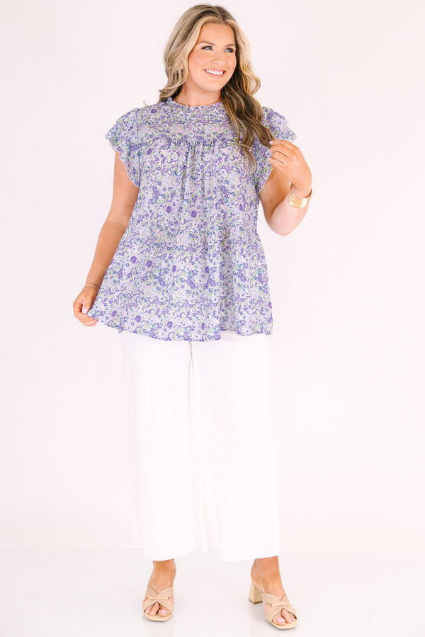 Chic soul plus size clothing, purple floral print high neck baby doll top with ruffle cap sleeves