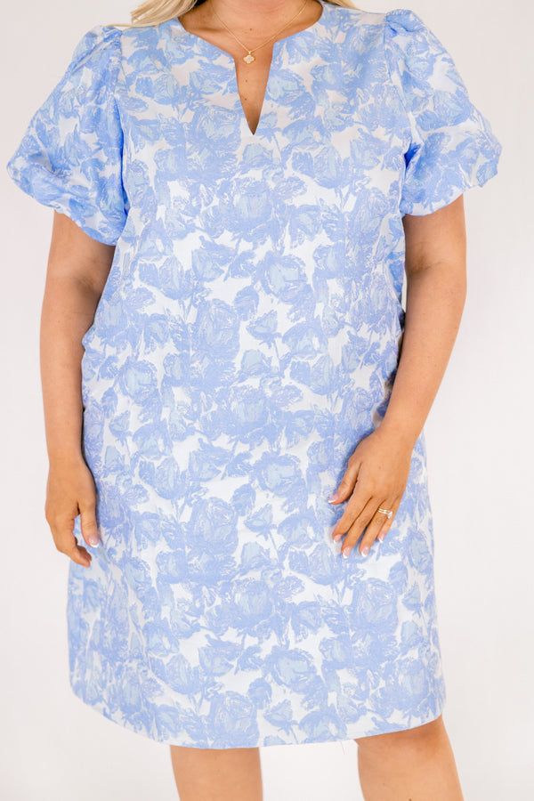 Chic Soul plus size clothing, blue short sleeve mini dress with floral design with puff sleeves with v cutout along neckline