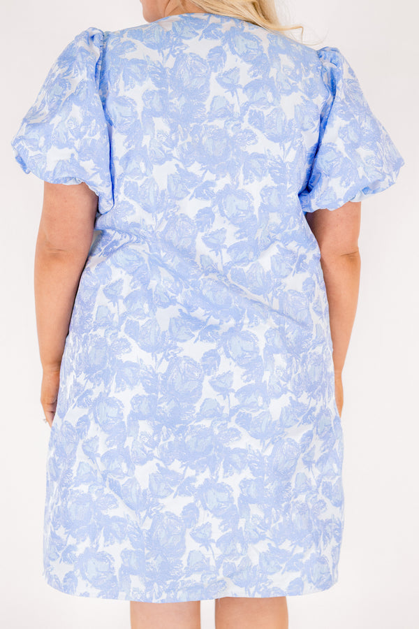 Chic Soul plus size clothing, blue short sleeve mini dress with floral design with puff sleeves with v cutout along neckline