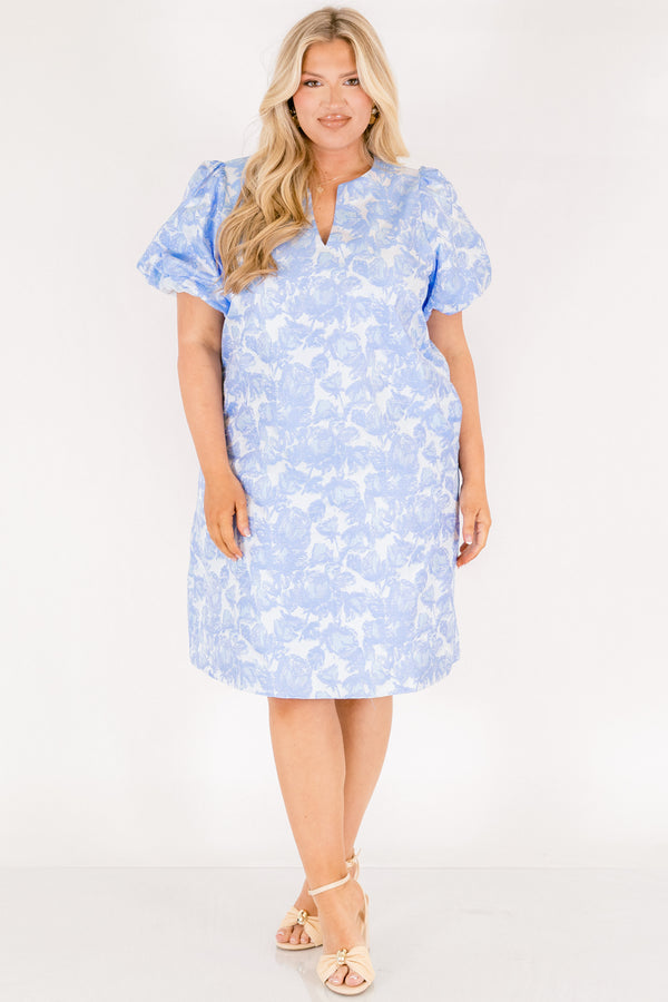 Chic Soul plus size clothing, blue short sleeve mini dress with floral design with puff sleeves with v cutout along neckline