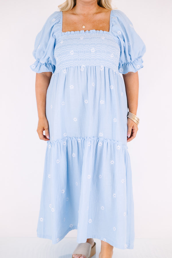 Chic Soul plus size clothing, light blue maxi dress with a square neckline and stitching details on the chest area as well as bubble sleeves that have a ruffle detail on the end of each sleeve and a white floral embroidered pattern throughout