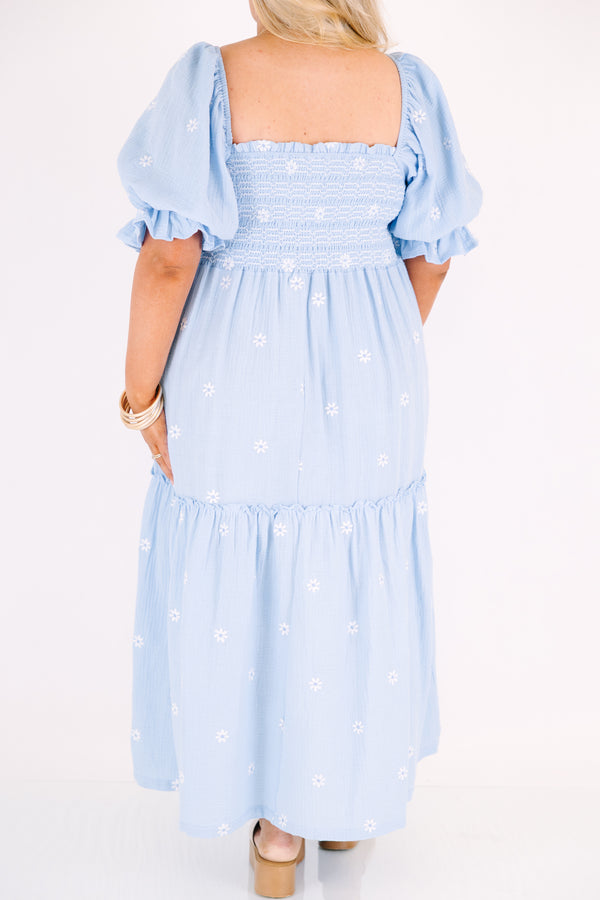 Chic Soul plus size clothing, light blue maxi dress with a square neckline and stitching details on the chest area as well as bubble sleeves that have a ruffle detail on the end of each sleeve and a white floral embroidered pattern throughout