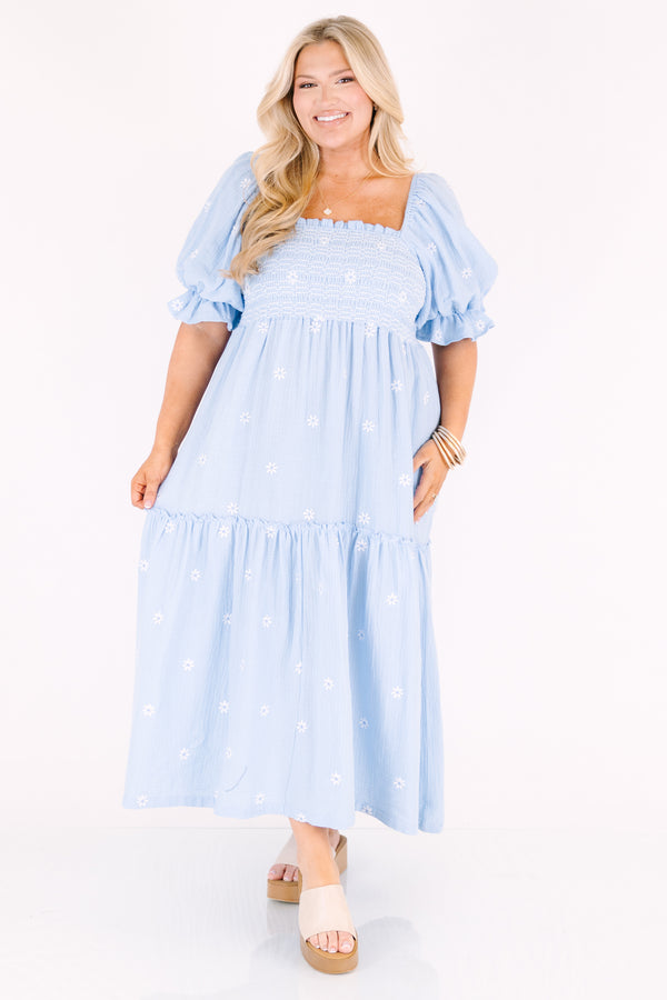 Chic Soul plus size clothing, light blue maxi dress with a square neckline and stitching details on the chest area as well as bubble sleeves that have a ruffle detail on the end of each sleeve and a white floral embroidered pattern throughout