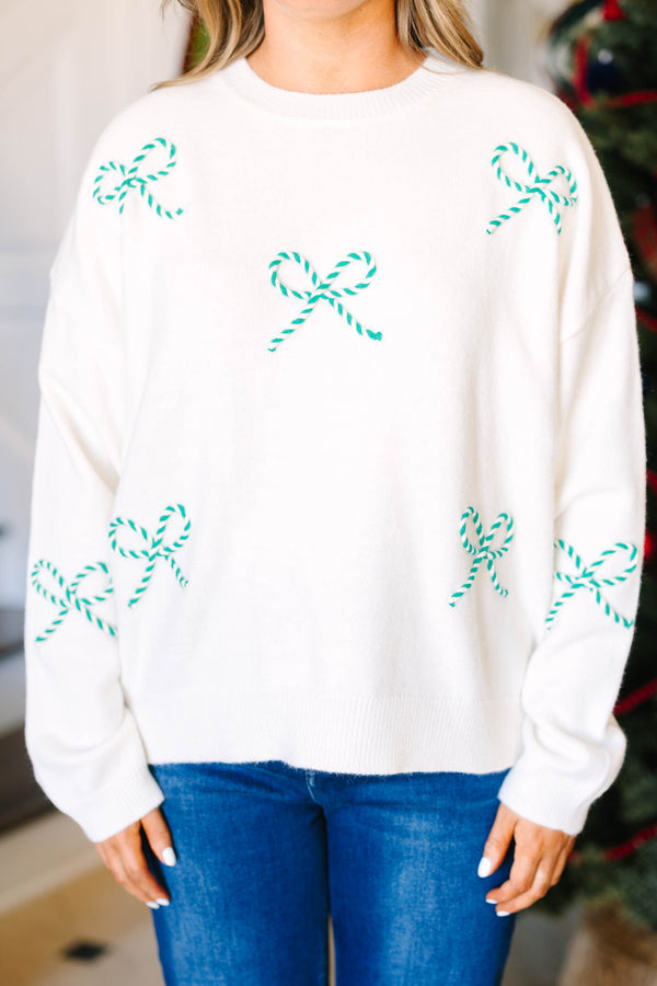 Plus size white sweater with green striped bow details