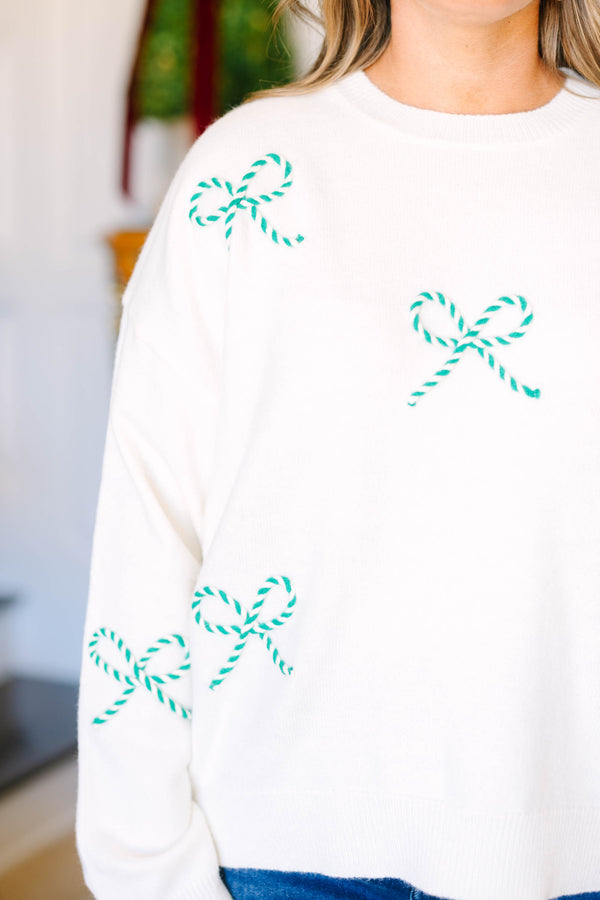 Plus size white sweater with green striped bow details