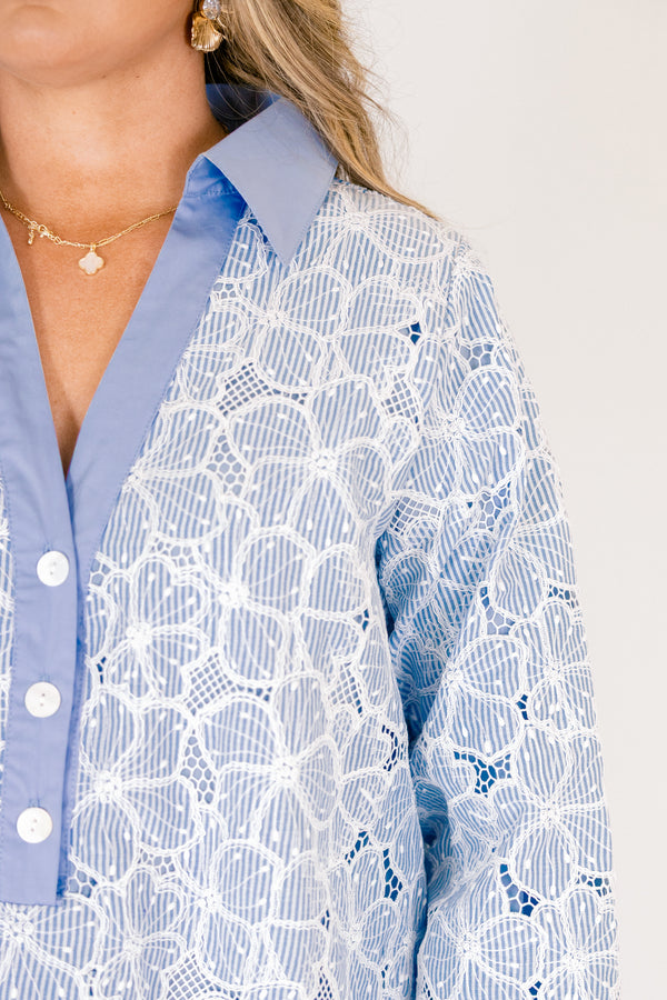 Chic Soul plus size clothing, light blue and white floral long sleeve shift dress with button up collar 