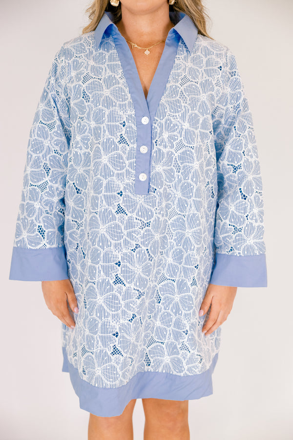 Chic Soul plus size clothing, light blue and white floral long sleeve shift dress with button up collar 