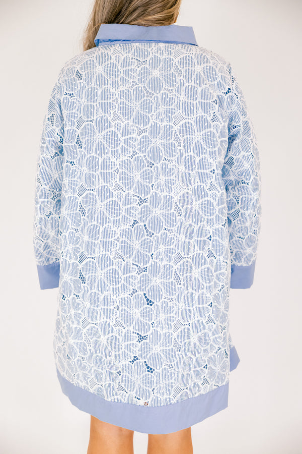 Chic Soul plus size clothing, light blue and white floral long sleeve shift dress with button up collar 