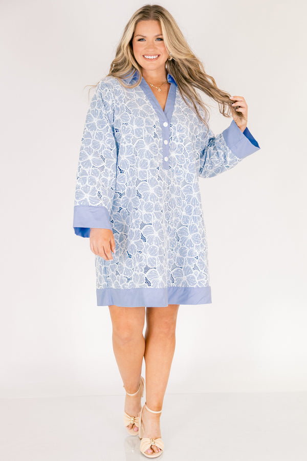 Chic Soul plus size clothing, light blue and white floral long sleeve shift dress with button up collar 