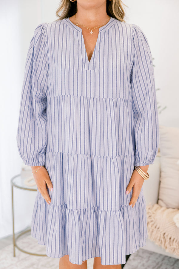 Chic Soul plus size clothing, blue striped tiered dress with long bubble sleeves and a v-neckline 