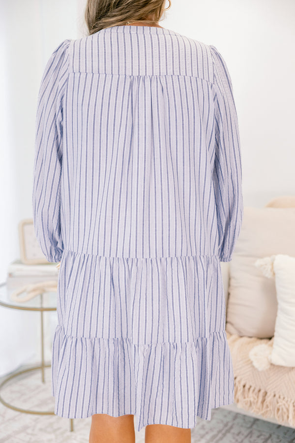 Chic Soul plus size clothing, blue striped tiered dress with long bubble sleeves and a v-neckline 