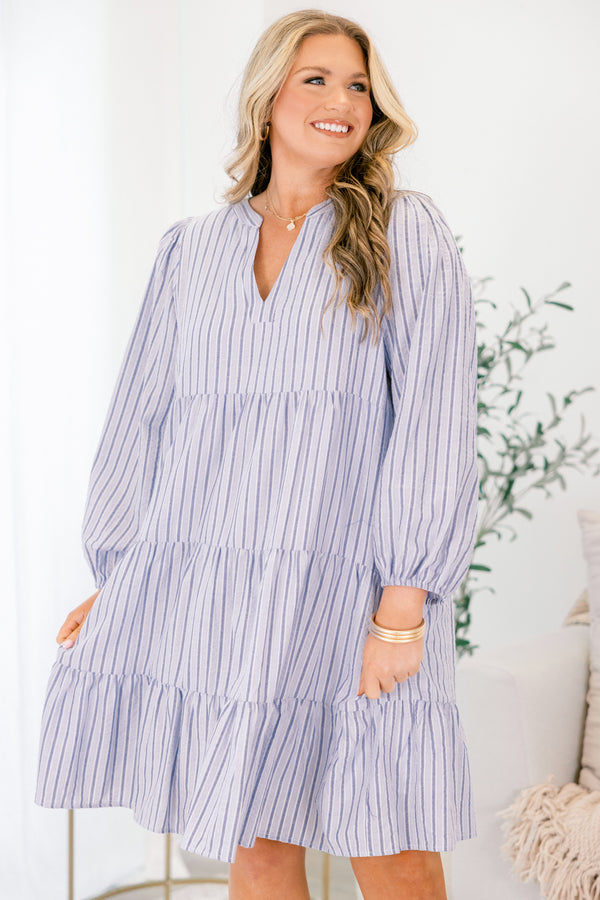 Chic Soul plus size clothing, blue striped tiered dress with long bubble sleeves and a v-neckline 