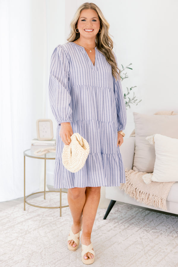 Chic Soul plus size clothing, blue striped tiered dress with long bubble sleeves and a v-neckline 