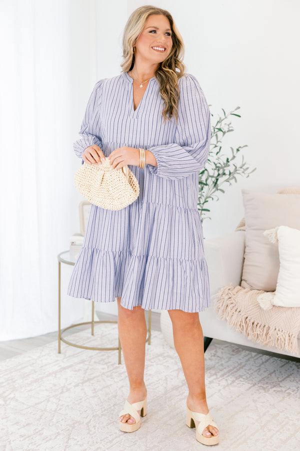 Chic Soul plus size clothing, blue striped tiered dress with long bubble sleeves and a v-neckline 