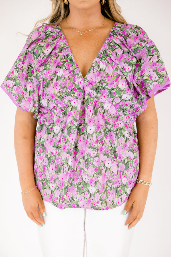 Chic Soul plus size clothing, short flowy sleeve deep v-neckline top with a purple white and green floral pattern