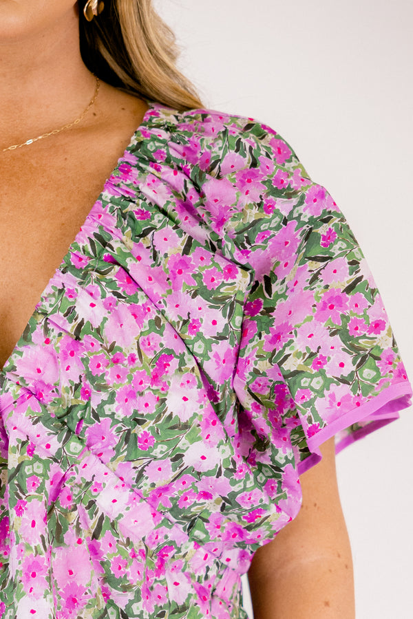 Chic Soul plus size clothing, short flowy sleeve deep v-neckline top with a purple white and green floral pattern