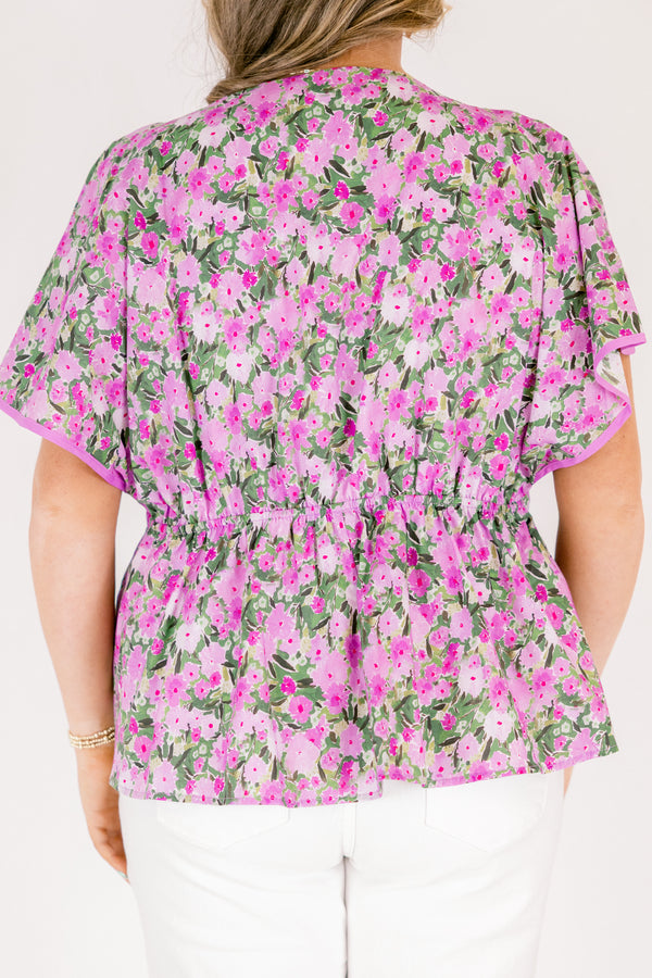 Chic Soul plus size clothing, short flowy sleeve deep v-neckline top with a purple white and green floral pattern