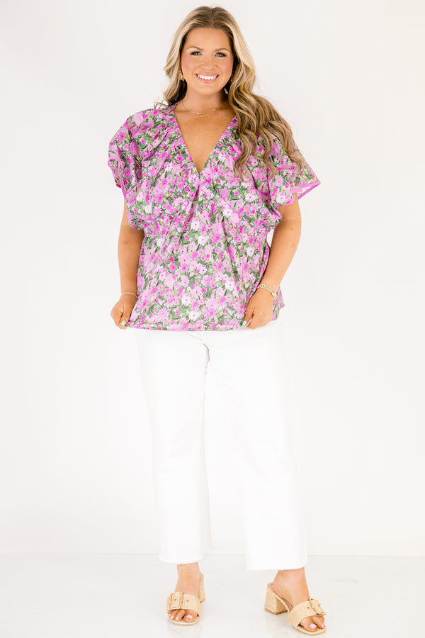 Chic Soul plus size clothing, short flowy sleeve deep v-neckline top with a purple white and green floral pattern