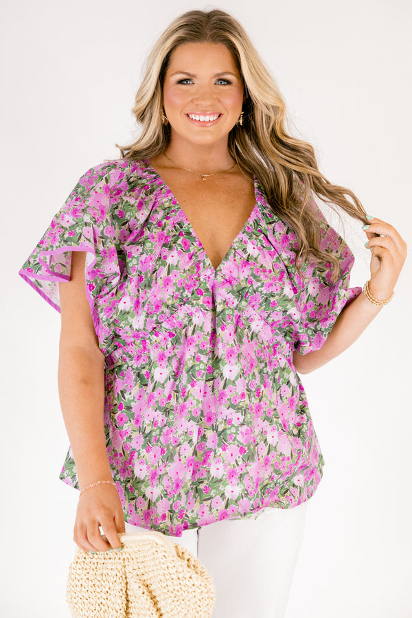 Chic Soul plus size clothing, short flowy sleeve deep v-neckline top with a purple white and green floral pattern