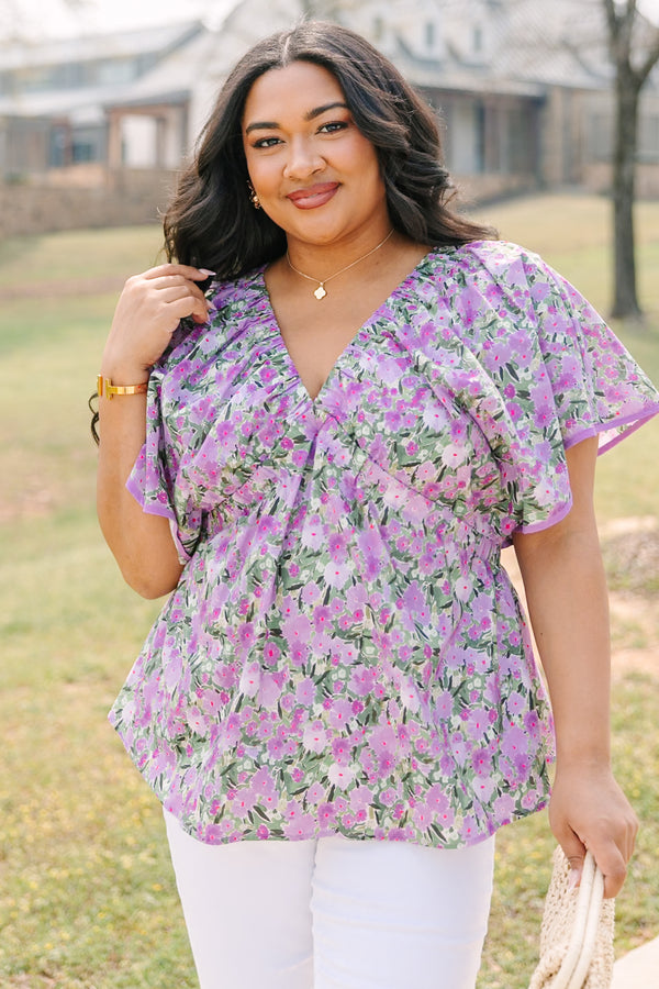 Chic Soul plus size clothing, short flowy sleeve deep v-neckline top with a purple white and green floral pattern
