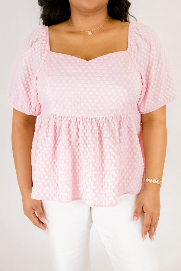 Chic Soul plus size clothing, light pink square neck puff sleeve baby doll peplum top with grid texture fabric