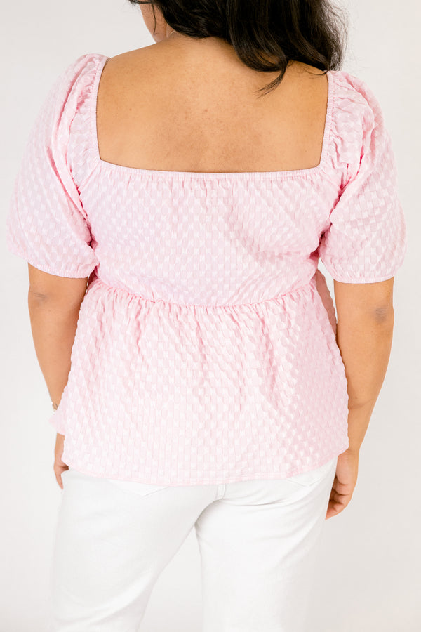 Chic Soul plus size clothing, light pink square neck puff sleeve baby doll peplum top with grid texture fabric