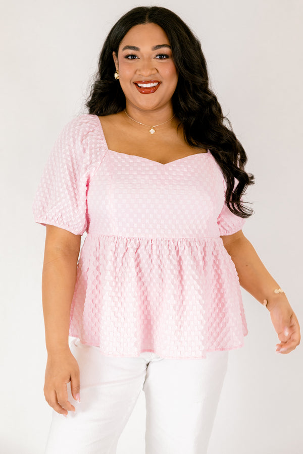 Chic Soul plus size clothing, light pink square neck puff sleeve baby doll peplum top with grid texture fabric
