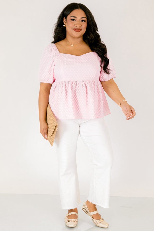 Chic Soul plus size clothing, light pink square neck puff sleeve baby doll peplum top with grid texture fabric