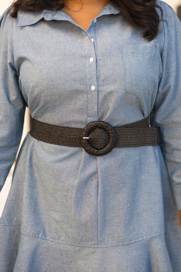 Chic Soul plus size clothing, black elastic belt with a circle woven belt buckle and silver metal details on the buckle 