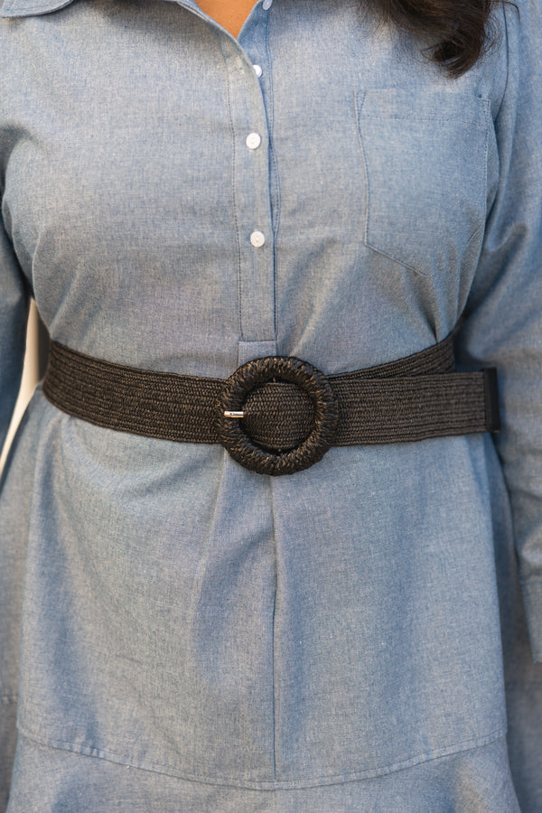 Chic Soul plus size clothing, black elastic belt with a circle woven belt buckle and silver metal details on the buckle 