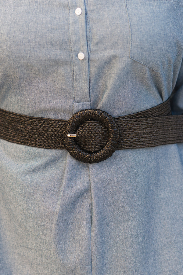 Chic Soul plus size clothing, black elastic belt with a circle woven belt buckle and silver metal details on the buckle 