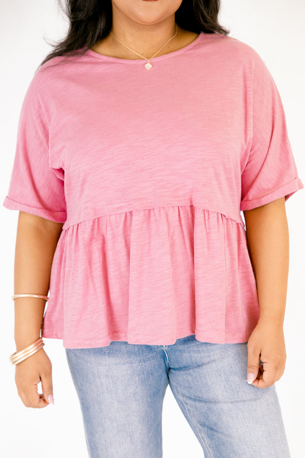 Chic Soul plus size clothing, pink short sleeve ruffle peplum top