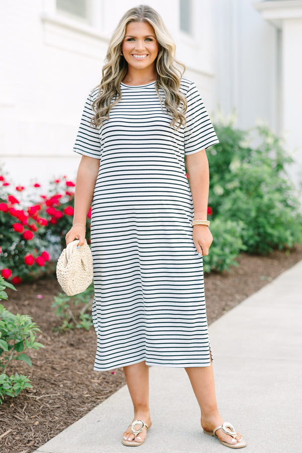 Chic Soul plus size clothing, short sleeved black and white striped midi dress with relaxed fit