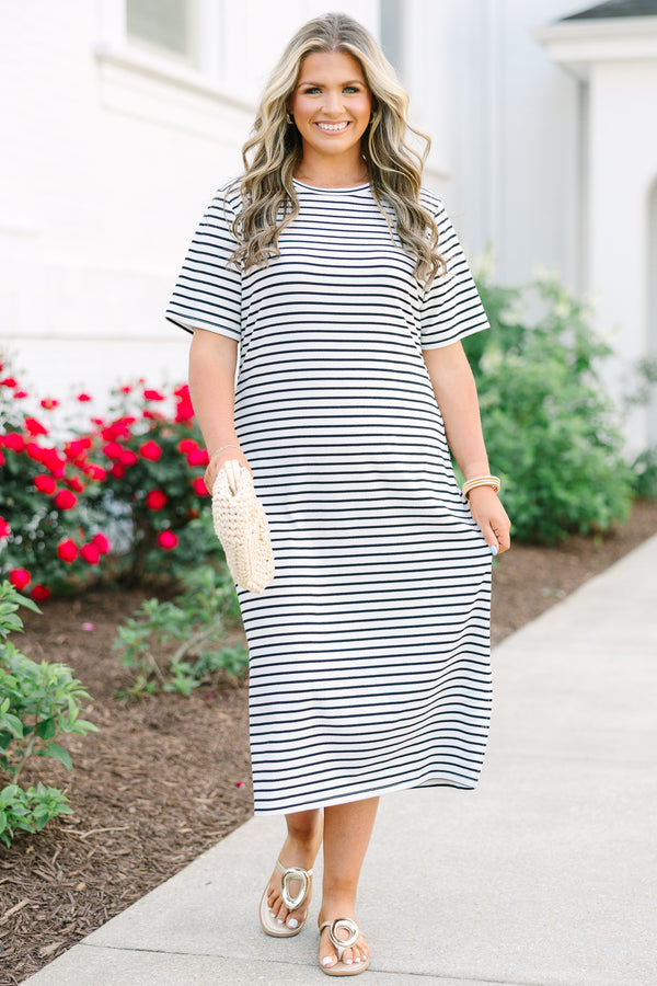 Chic Soul plus size clothing, short sleeved black and white striped midi dress with relaxed fit