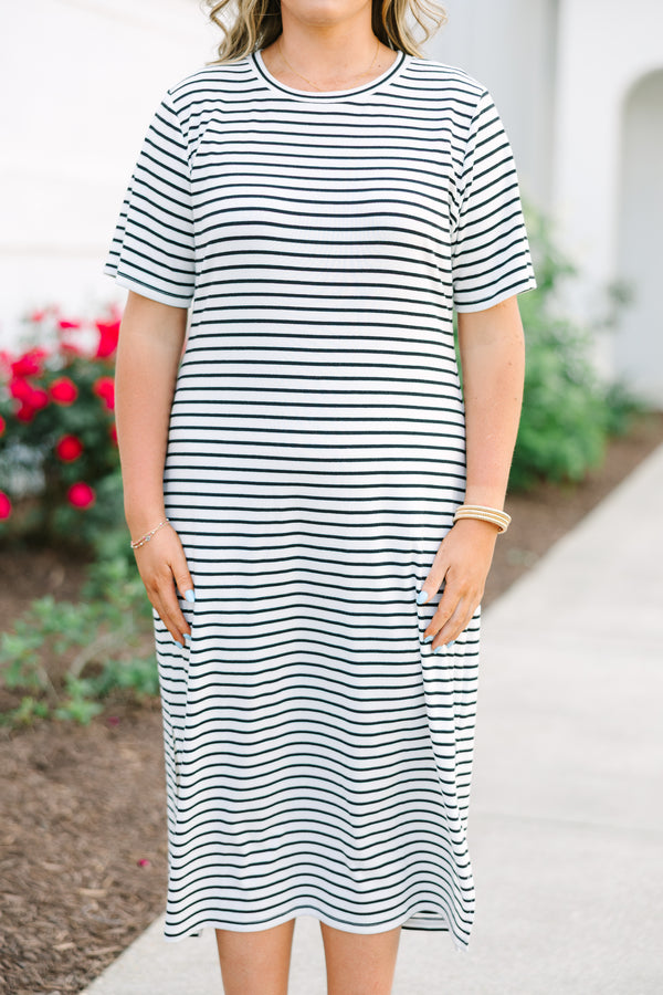 Chic Soul plus size clothing, short sleeved black and white striped midi dress with relaxed fit