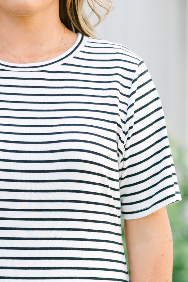 Chic Soul plus size clothing, short sleeved black and white striped midi dress with relaxed fit