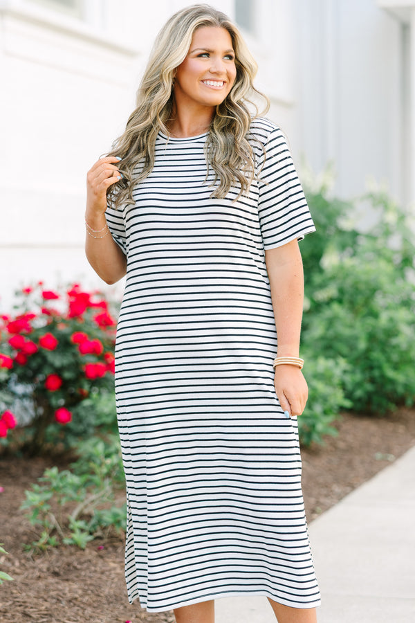 Chic Soul plus size clothing, short sleeved black and white striped midi dress with relaxed fit