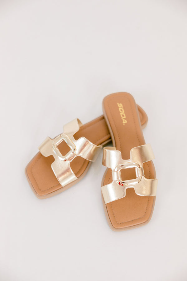 Chic Soul plus size clothing, tan and gold strap sandal with gold buckle detailing 