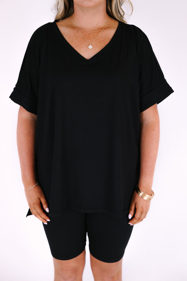 Chic Soul plus size clothing, black lounge wear short sleeves top and biker shorts set