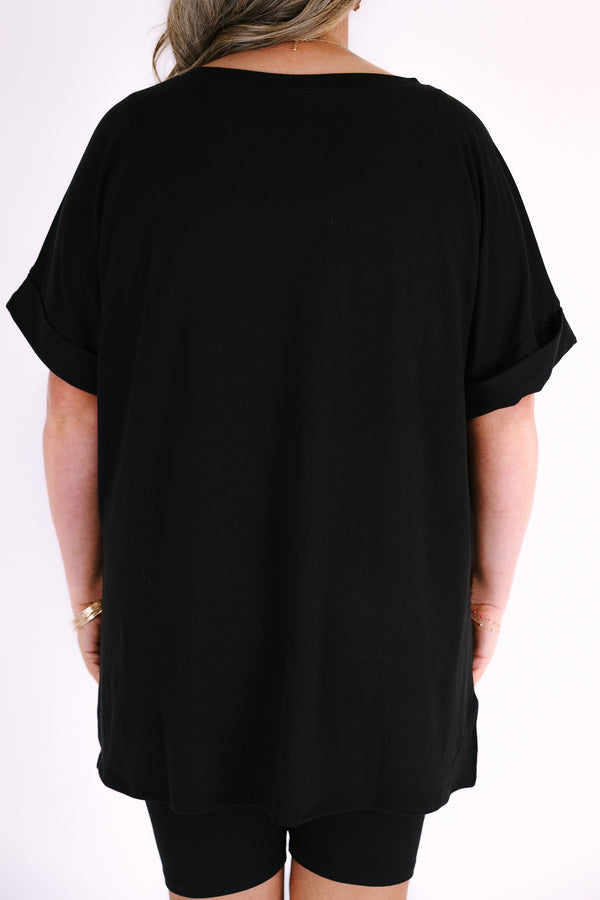 Chic Soul plus size clothing, black lounge wear short sleeves top and biker shorts set