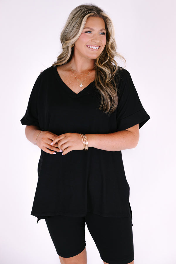 Chic Soul plus size clothing, black lounge wear short sleeves top and biker shorts set