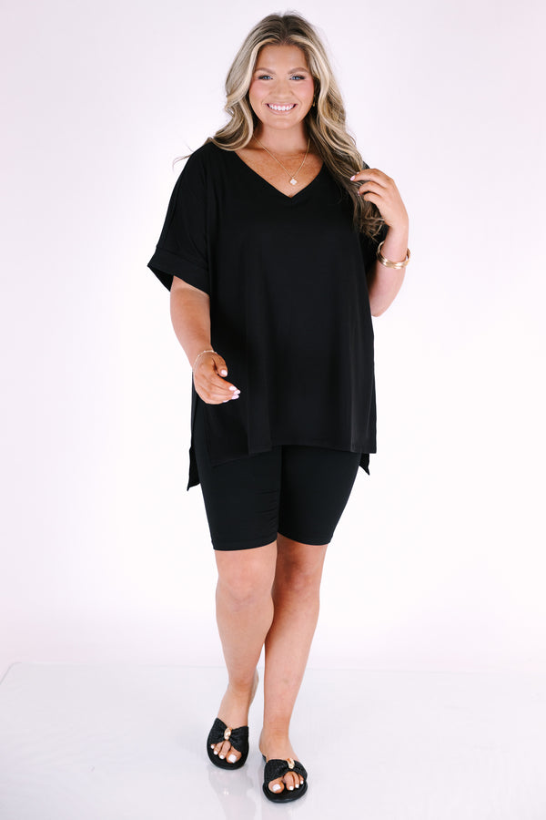Chic Soul plus size clothing, black lounge wear short sleeves top and biker shorts set