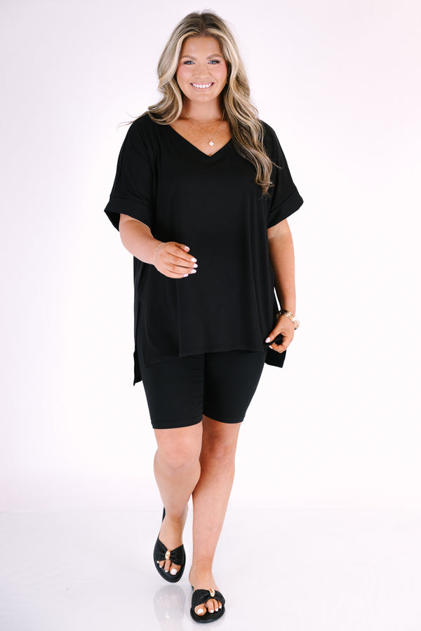 Chic Soul plus size clothing, black lounge wear short sleeves top and biker shorts set