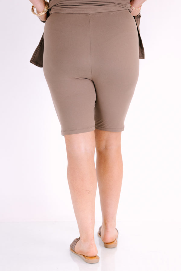 Chic Soul plus size clothing, short-sleeve brown matching top and biker short set with v-neckline