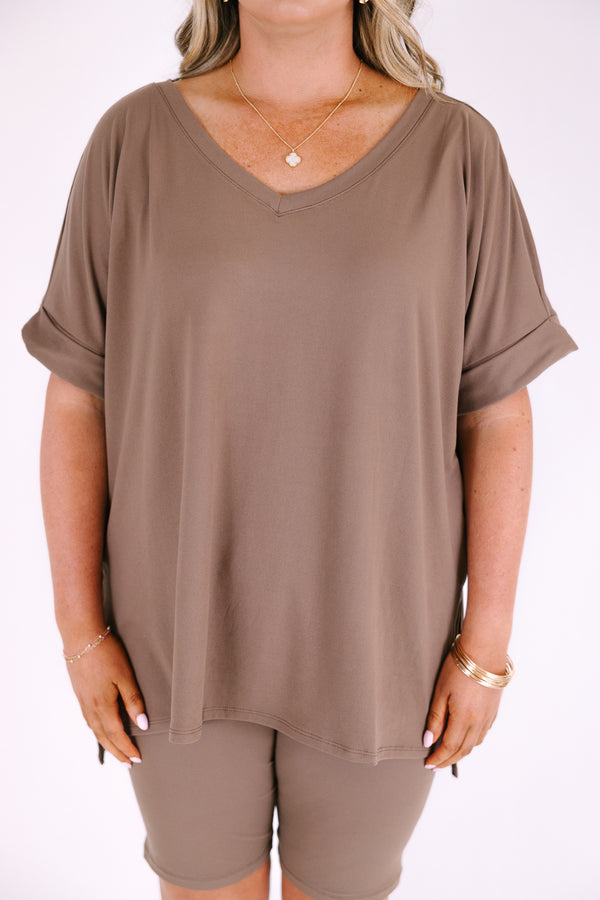 Chic Soul plus size clothing, short-sleeve brown matching top and biker short set with v-neckline