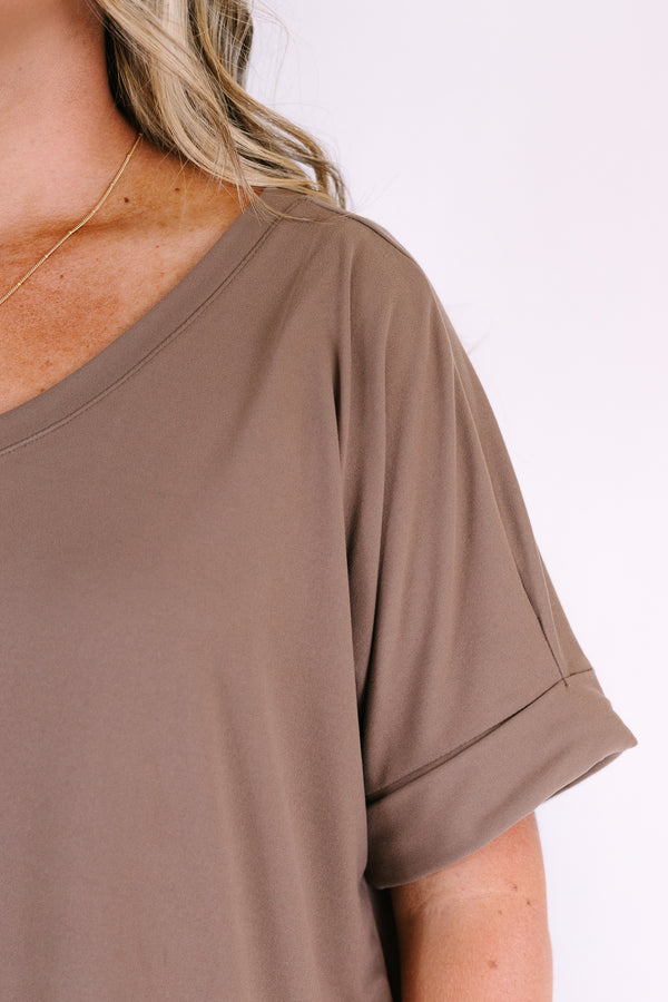 Chic Soul plus size clothing, short-sleeve brown matching top and biker short set with v-neckline