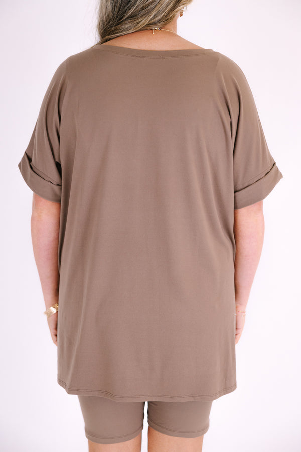 Chic Soul plus size clothing, short-sleeve brown matching top and biker short set with v-neckline